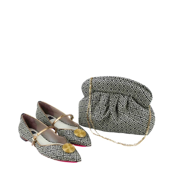 Borsa a mano Tree Blue in tessuto panna e nera