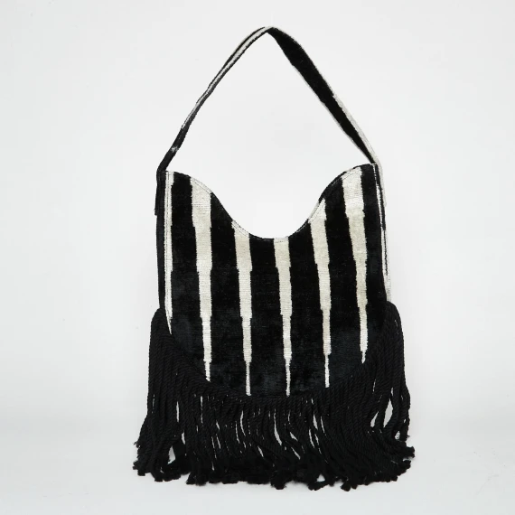 Borsa a mano in seta e cotone beige e nera