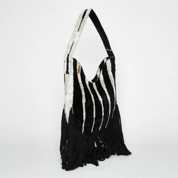 Borsa a mano in seta e cotone beige e nera