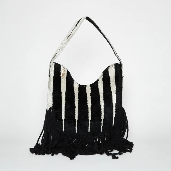 Borsa a mano in seta e cotone beige e nera