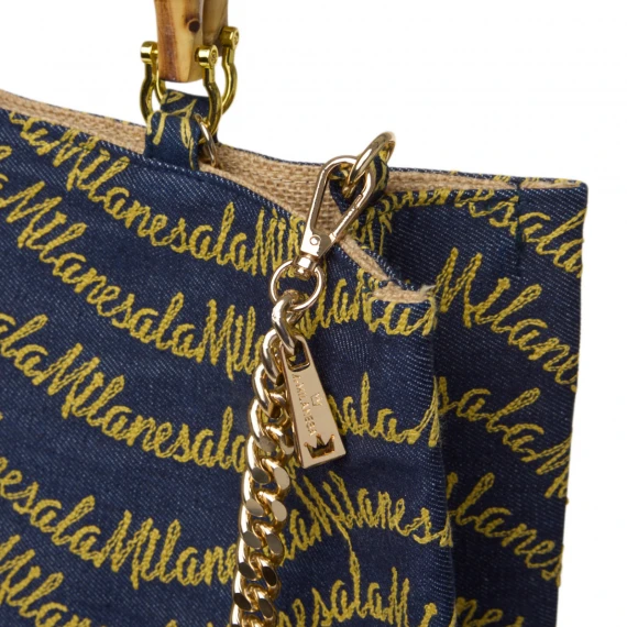 Borsa a mano Identità in tessuto blu denim e scritte oro