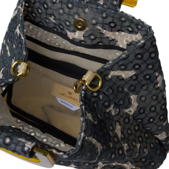 Borsa a mano Identità in tessuto blu denim e scritte oro